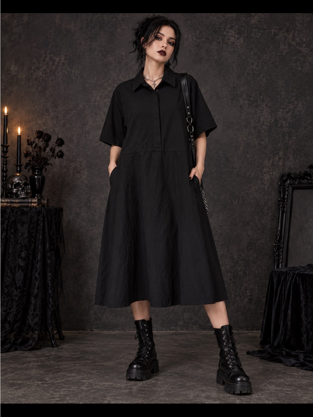 Disturbia Black Cotton Midi Shirt Dress Gothic Goth Plus Size US 16